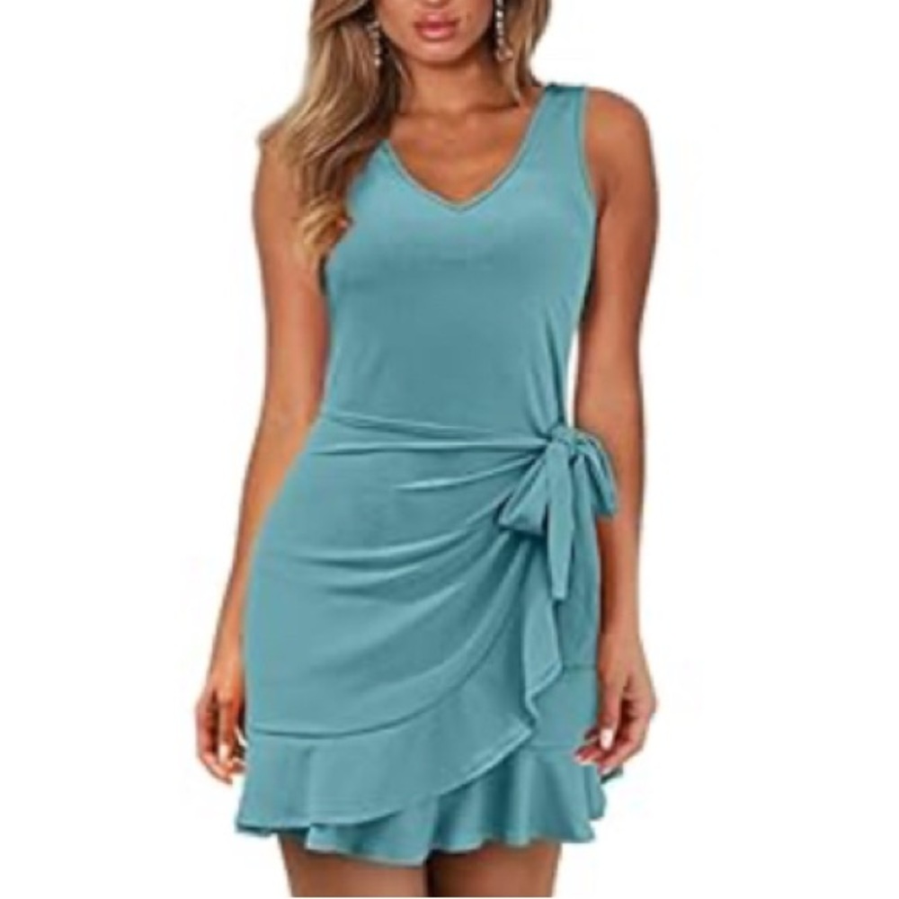 Ribbed Ruffle Breezy Summer Tie Waist Summer Beach  Dress V-Neck Stretch NWT